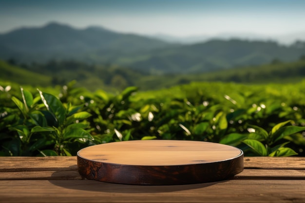 Wooden Round Podium Stage With Green Tea Field Landscape