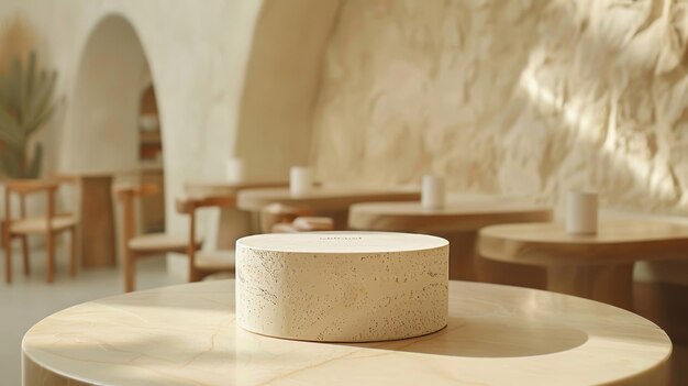 Wooden round podium on the table in cafe