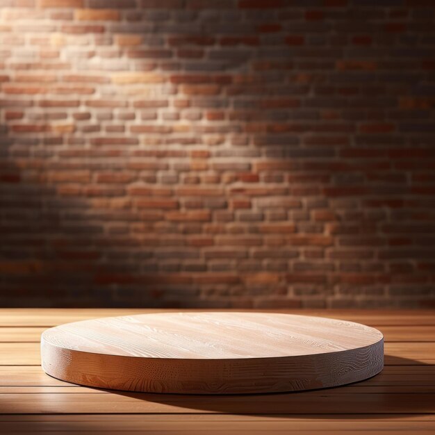 Wooden round podium on wooden table in front of brick wall Mock up 3D Rendering