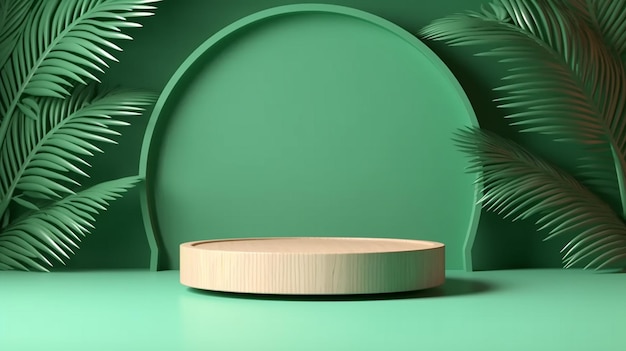 Wooden round smooth grain podium table curved tropical plant Generative AI