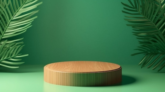 Wooden round smooth grain podium table curved tropical plant Generative AI