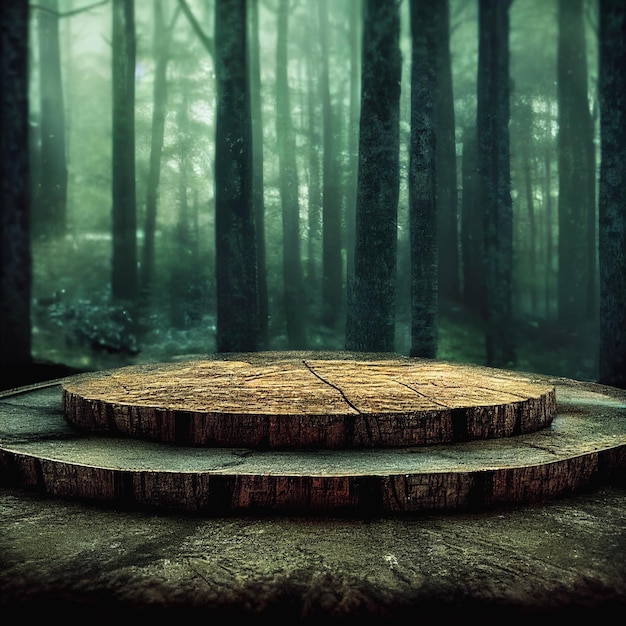 Wooden round stage in the forest realistic 3d illustration scenery of empty product podium