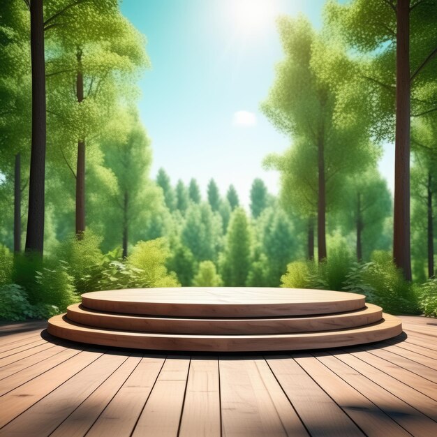 Wooden round stage in the forest realistic 3d