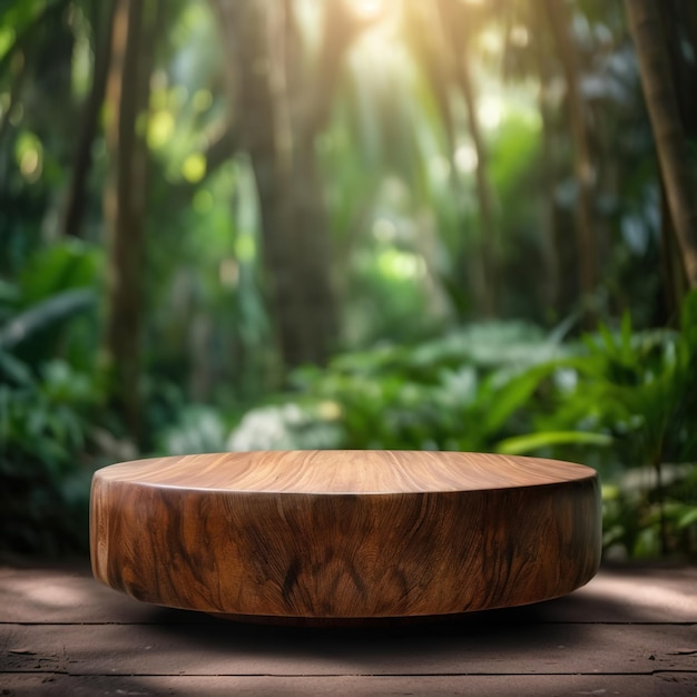 A wooden round stand in the middle of a forest with a green background.