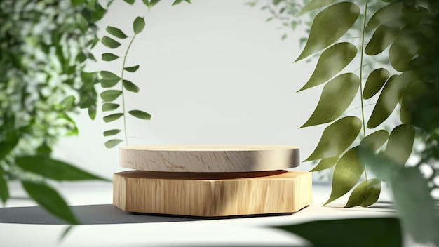 A wooden round stand with a green leafy background.