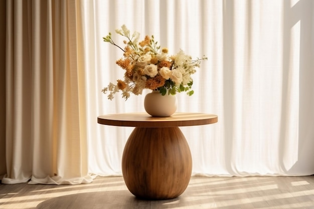 Деревянный круглый стол с букетом цветов Залитый солнцем интерьер Мокап Generative Ai