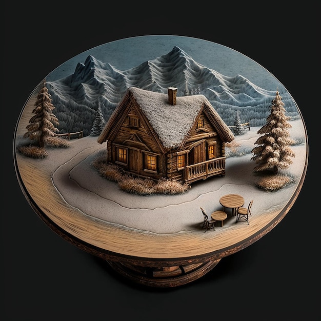 山の家アート家具付き木製丸ティーテーブルAI生成画像