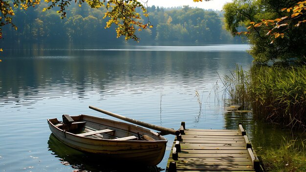 A wooden rowboat sits calmly at the edge of a dock on a still lake The boat is old and weathered with a few leaves resting on its bottom