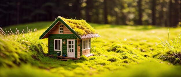 Деревянный сельский дом, модель, недвижимость, миниатюра на лугу, новое жилье, молодая семья, генеративный искусственный интеллект