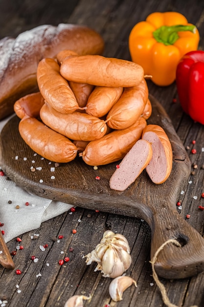 wooden rustic background, juicy fresh sausages lie on a cutting board, shot from above and side