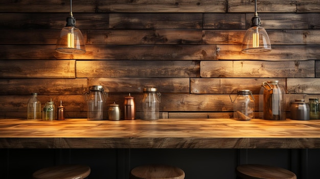 wooden rustic bench with glass bottles and lamps light generative ai