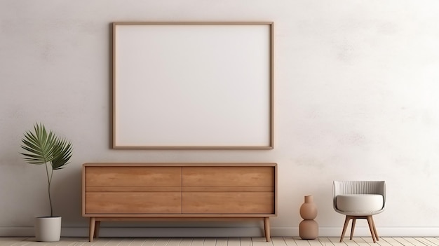 wooden rustic chest of drawers near white wall with blank poster frame interior design