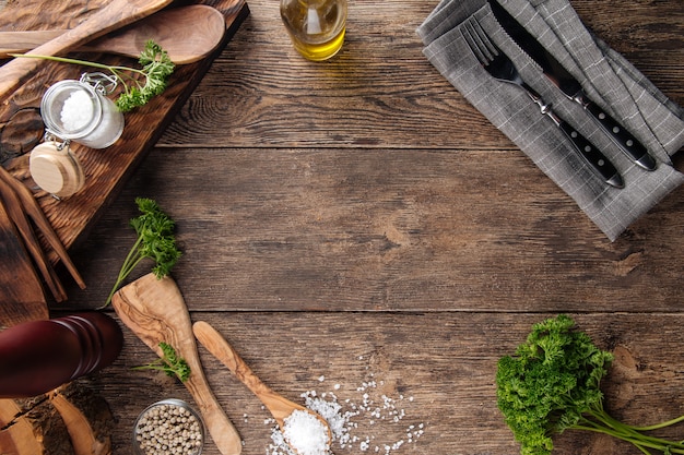 Wooden rustic kitchen table top view