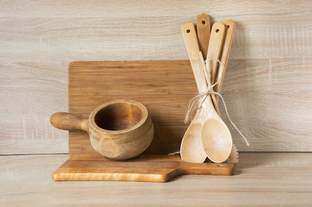 Wooden rustic and vintage crockery, tableware, utensils and stuff on wood