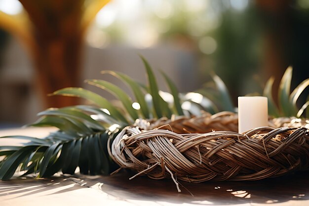 Фото Деревянный священный крест и венок из пальмовых ветвей центральный декор крест вербное воскресенье фото христианское искусство