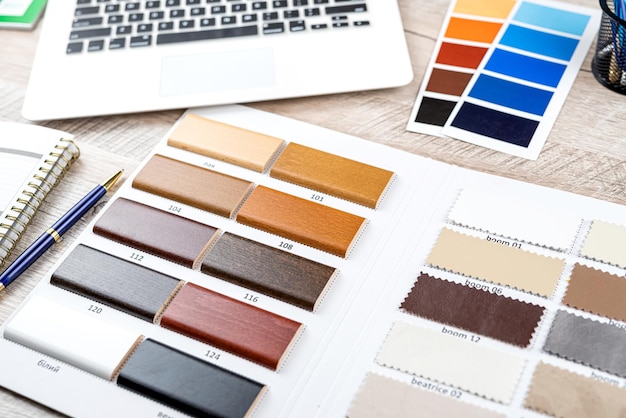 인테리어 디자인을 위한 가구 재료의 목재 샘플 다양한 색상 팔레트