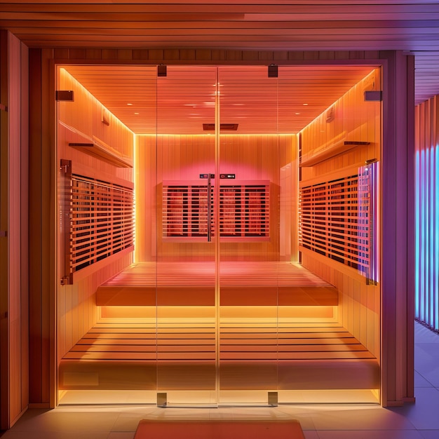 Foto interno di sauna in legno con illuminazione calda concetto di benessere e relax per l'interno