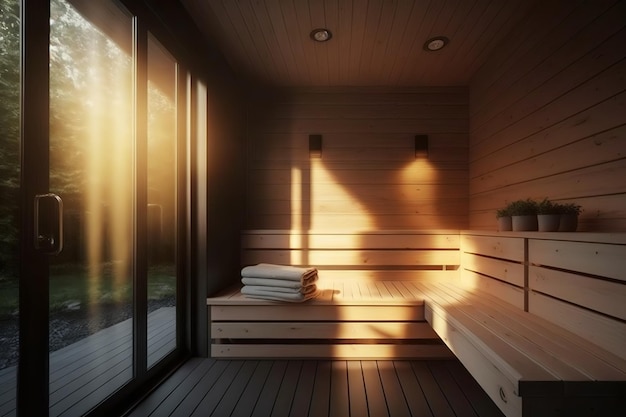 A wooden sauna with a large window and a light on the wall.