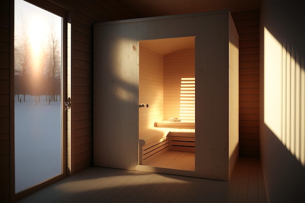 A wooden sauna with a window that says'sun'on it