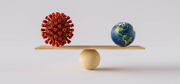 wooden scale balancing big Earth ball and Coronavirus. Concept of harmony and balance