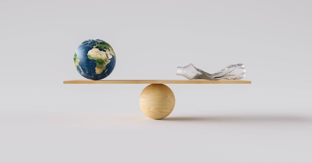 큰 지구 공과 부서진 플라스틱 병의 균형을 맞추는 나무 저울. 환경 보호 및 균형의 개념