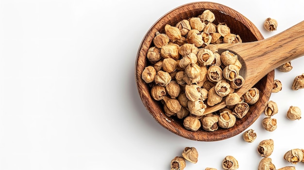 Photo wooden scoop containing dried organic gokhuru tribulus terrestris fruits with top view and a big space for text or product generative ai