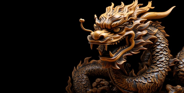 Photo wooden sculpture of chinese dragon on black backgroundsymbol of new year 2024ai generated