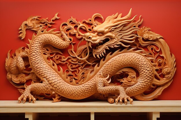 Photo wooden sculpture of chinese dragon on red backgroundsymbol of new year 2024ai generated