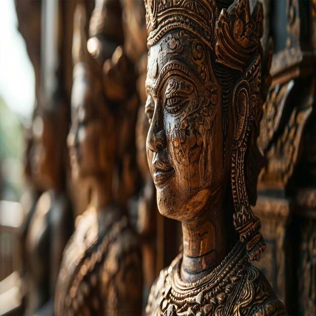 a wooden sculpture of a face with a face on it