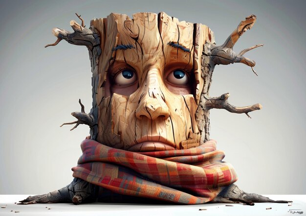 Photo a wooden sculpture of a face with a scarf around it