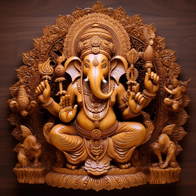 ヒンドゥー教の神ガネシャの木造刻