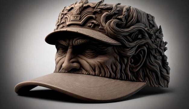 A wooden sculpture of a man's face with a cap on it