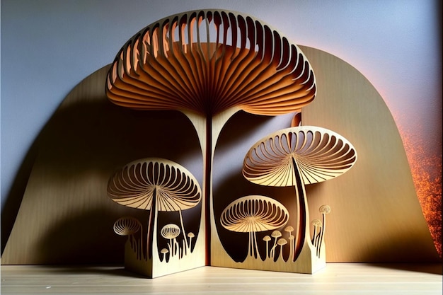 A wooden sculpture of mushrooms with the words " mushrooms " on the bottom.