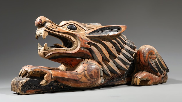 Foto una scultura in legno di una creatura mitica con la testa di un lupo e il corpo di un leone la scultura è dipinta in rosso nero e bianco