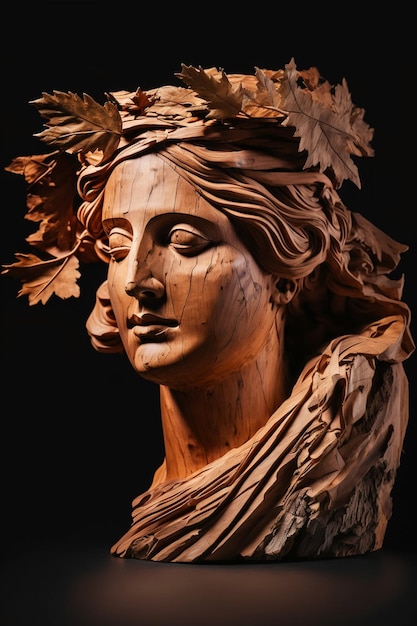 A wooden sculpture of a woman with leaves on her head