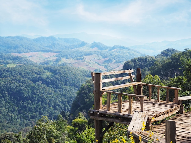 Wooden seat at viewpoint in Mae Hong Sorn province, Northen of Thailand.