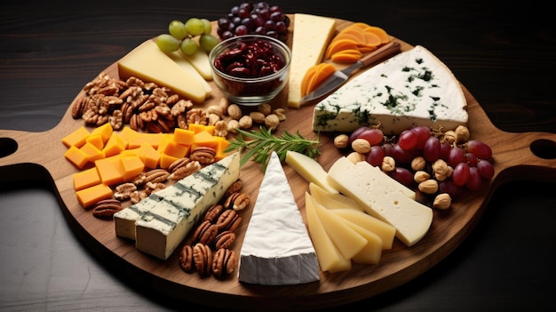 A wooden serving board with cheese nuts grapes and other food ai