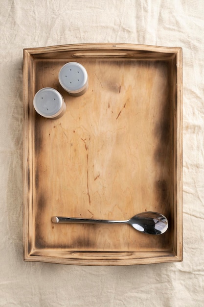 Wooden serving box with handles with spices