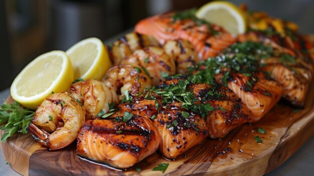 A wooden serving platter adorned with an array of grilled seafood delights