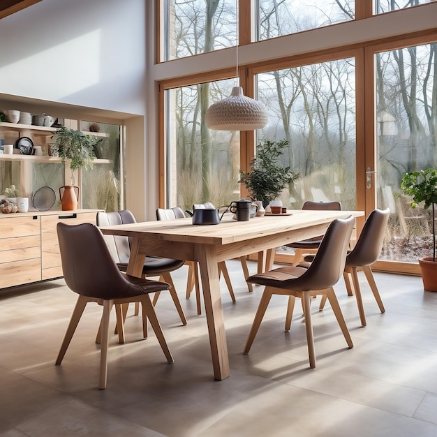 Wooden set dining table and chairs modern dining room with window