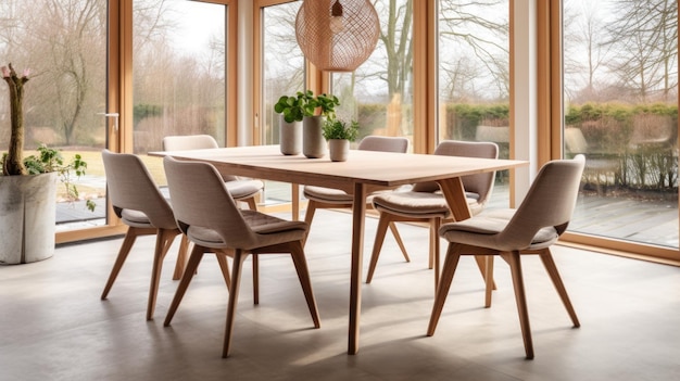 Wooden setted dining table and chairs in Scandinavian interior design of modern dining room