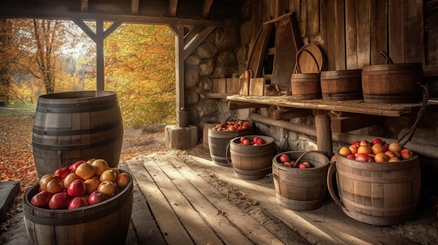 リンゴの樽が置かれた木製の小屋と、紅葉を背景にした窓。