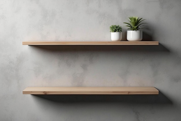 wooden shelf on concrete wall mockup under light front perspective view