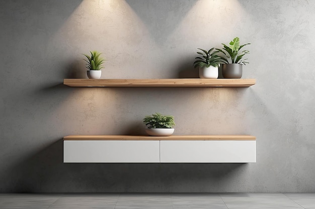 wooden shelf on concrete wall mockup under light front perspective view