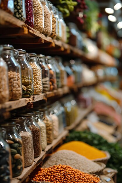 Wooden Shelf Exhibits a Diversity of Beans and Grains