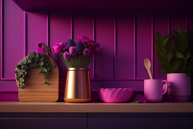 Wooden shelf and flowers in the kitchengenerative ai