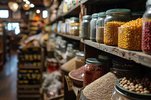 Photo wooden shelf highlights a rich selection of beans and grains