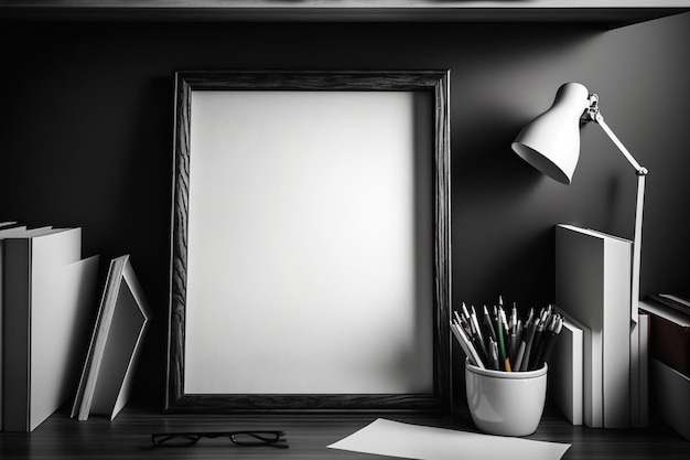 A wooden shelf holds an empty frame the back of a desk advertising typography and photo mockup