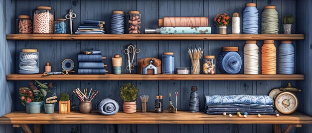 Photo on the wooden shelf is a set of thread reels centimeters fabric thimble with scissors seam ripper toothed wheel needles and pins for sewing and needlework