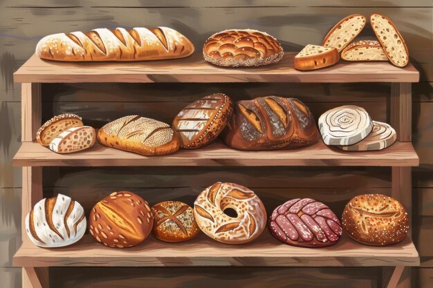 Photo a wooden shelf stacked with an assortment of freshly baked bread loaves rolls and pastries in variou